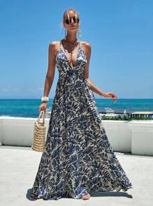 SHEIN VCAY Tropical Print Crisscross Backless Cami Dress - Dusty Blue - View 5