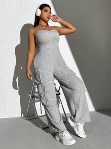 SHEIN EZwear 大碼側翻蓋口袋抹胸連體褲 - 灰色 - 查看 4