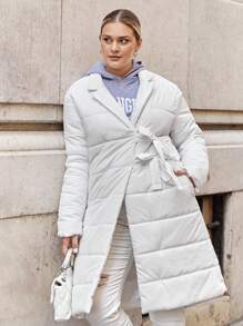 RueChic Plus Solid Tie Front Puffer Coat - White - View 3