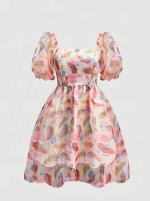 SHEIN MOD Feather Print Puff Sleeve Dress - Multicolor - View 1