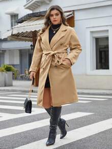 SHEIN Essnce Plus Double Breasted Belted Overcoat - Khaki - View 6