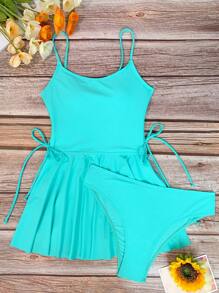 SHEIN Swim Summer Beach Plain Lace Up Side Tankini Swimsuit - Blue - View 5