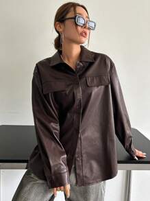 DAZY Camisa de patente con detalle de solapa y hombros caídos, blusas de manga larga, ropa de mujer de otoño - Marrón - Ver 3