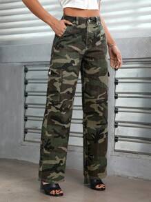 SHEIN PETITE Camo Print Flap Pocket Cargo Jeans - Multicolor - View 3