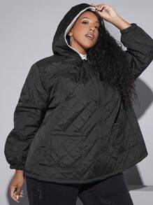 SHEIN CURVE+ Dual Pocket Drop Shoulder Hooded Teddy Lined Quilted Coat Flannels Curve Plus - Black - View 5