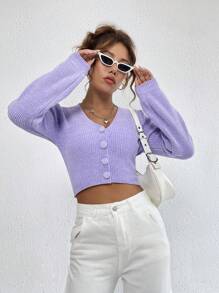 SHEIN Qutie Đồ đan Ribbed Nút phía trước Cắt sửa áo lông cừu - Màu Lilac Tím - Xem 3