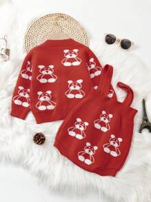 女嬰熊圖案開襟衫&吊帶針織連身背心 - 橘色 - 查看 2