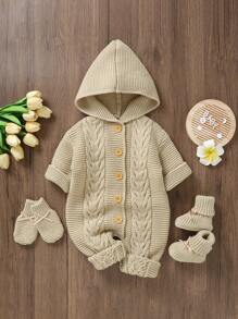 Đứa bé trai Nút phía trước áo có mũ Cable Áo len Jumpsuit & Găng tay & Vớ - Màu Khaki - Xem 1