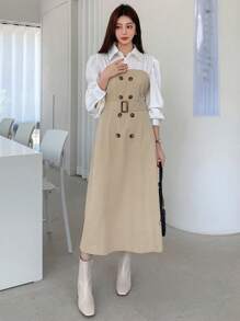 DAZY 双色双排扣腰带二合一正装衬衫裙，秋季服装 - 卡其色 - 查看 5