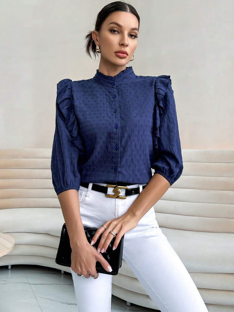 SHEIN Privé Viền Ruffle Cổ giả Nút phía trước Áo sơ mi - Màu xanh hải quân - Xem 1