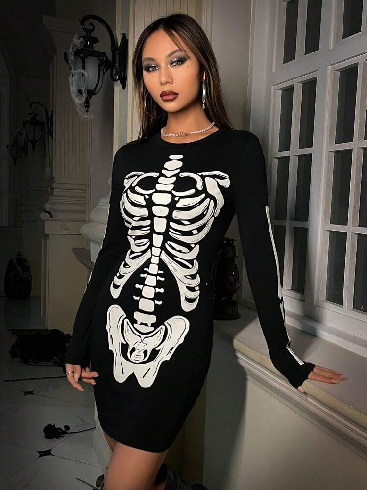 bodycon skeleton dress Black and Orange Halloween Skeleton Witch Skull Snake Bodycon dress