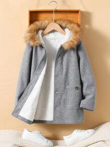 SHEIN Tween Boy 毛绒装饰连帽保暖内衬大衣 - 淺灰色 - 查看 1
