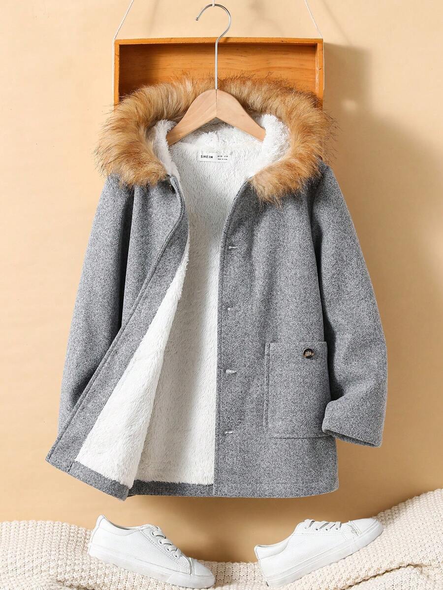 SHEIN Tween Boy 毛绒装饰连帽保暖内衬大衣 - 淺灰色 - 查看 1