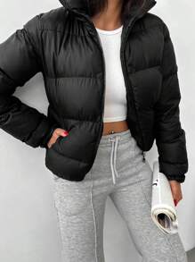 EURMUSE Solid Zip Up Puffer Coat - Black - View 5