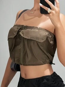 SHEIN ICON Zip Up Flap Detail Crop Tube Top - Army Green - View 4