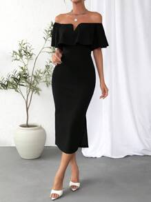 Firerie Off Shoulder Ruffle Trim Split Hem Bodycon Dress