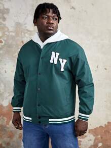 Manfinity VCAY Loose Fit Plus Size Men's Letter Patched Stripe Trim Jacket, For Fall Winter - Green - View 1