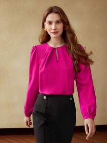 MOTF PREMIUM 鎖眼領口褶飾襯衫 - 玫紅色 - 查看 5