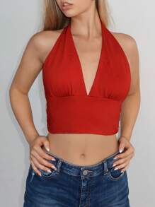 SHEIN EZwear 素色繞頸短上衣 - 紅色 - 查看 4