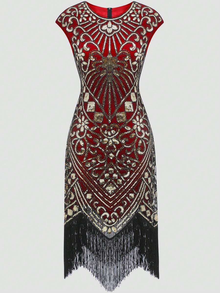 1920s Floral Sequin Fringe Hem Flapper Party Dress Valentine Dress