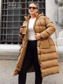 RueChic Plus Drawstring Waist Hooded Puffer Coat - Camel - View 7