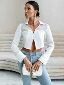 SHEIN Essnce Chất rắn Cắt ra Mùa vụ Áo sơ mi - trắng - Xem 3