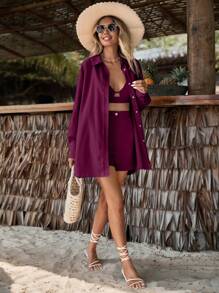 GENKIRA Solid Cami Top & Shorts & Drop Shoulder Coat - Red Violet - View 4