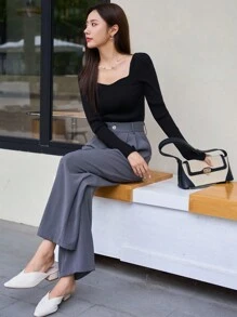 DAZY Cổ Trái tim Đồ đan Ribbed Áo len - màu đen - Xem 8