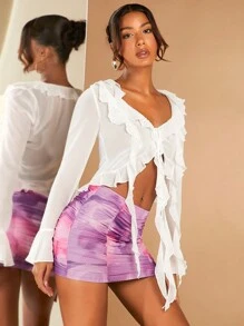 SHEIN BAE Ruffle Trim Flare Sleeve Knot Front Crop Blouse - White - View 6