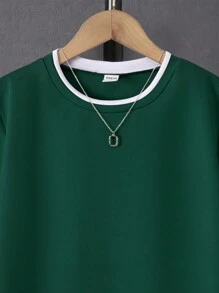 SHEIN Tween Boy Letter Patched Contrast Trim Tee & Shorts, School, Campus, College - Army Green - View 4