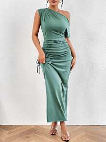 Chiquease Cổ không đối xứng Viền ven Đầm - màu xanh lá - Xem 4