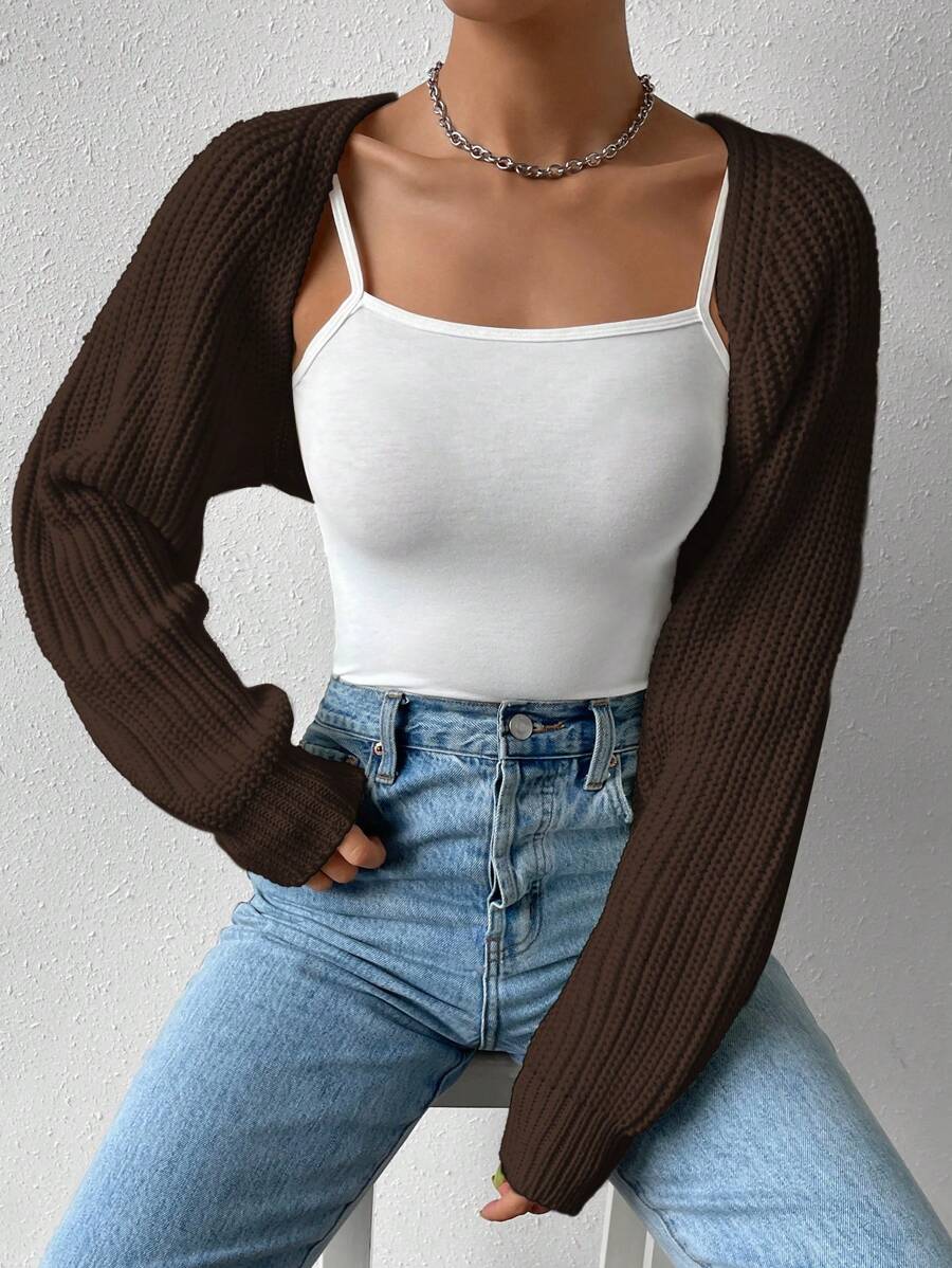 SHEIN EZwear Ribbed Knit Raglan Sleeve Cardigan,Long Sleeve Tops - Chocolate Brown - View 1