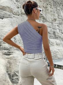 SHEIN Privé 單肩網眼刺繡側收褶短款上衣 - 紫丁香色 - 查看 2