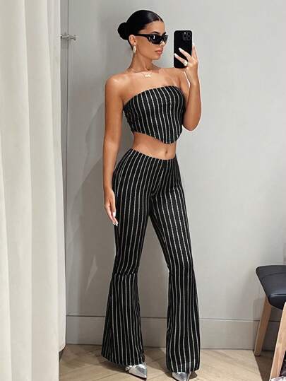 SHEIN ICON Top bandeau con estampado de rayas & Pantalones acampanados