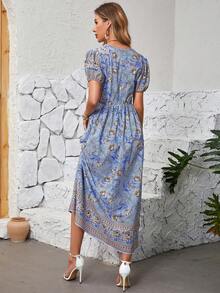 Floral Print Puff Sleeve Dress - Blue - View 2