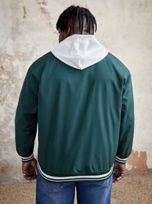 Manfinity VCAY Loose Fit Plus Size Men's Letter Patched Stripe Trim Jacket, For Fall Winter - Green - View 2