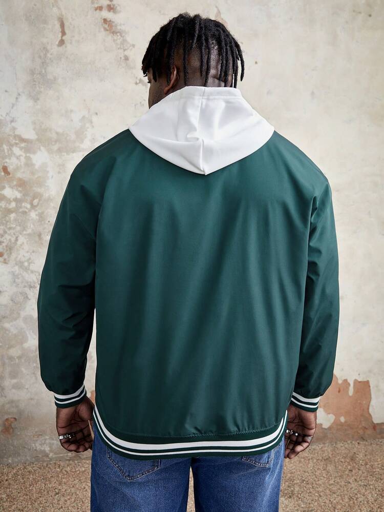 Loose Fit Plus Size Men's Letter Patched Stripe Trim Jacket, For Fall Winter