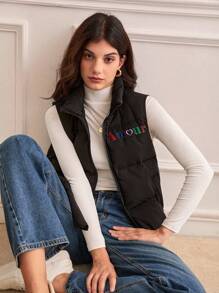 SHEIN Frenchy Letter Embroidery Zip Up Vest Padded Coat Winter Black - Black - View 3