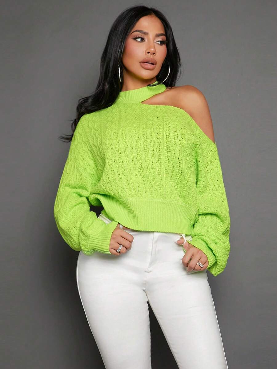 SHEIN SXY 挖肩絞花針織毛衣 - 青檸色 - 查看 1