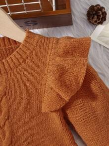 Bebé niña Vestido de punto ribete con fruncido tejido de cable - Marrón - Ver 4