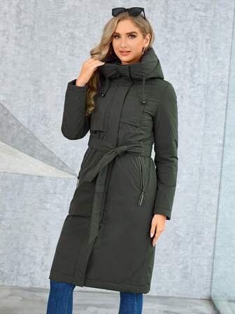 GASMAN Zip Up Drawstring Hooded Belted Padded Coat