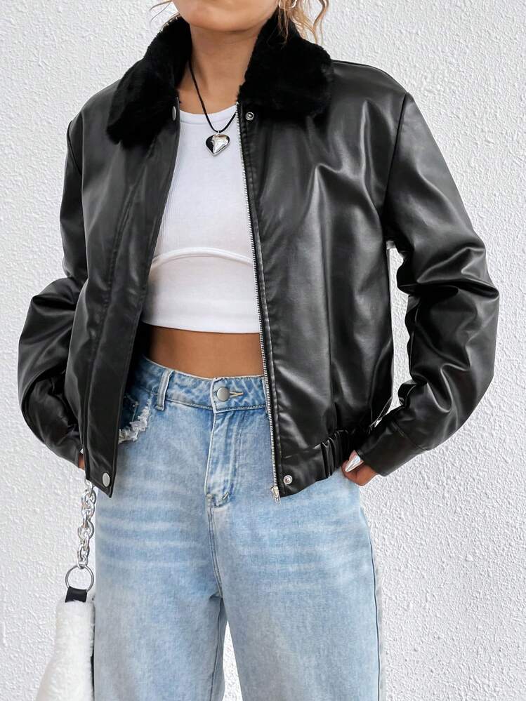 SHEIN EZwear צווארון ג'קט צמר עור פוליאוריתן ז'קטים - שחור - ראה 1