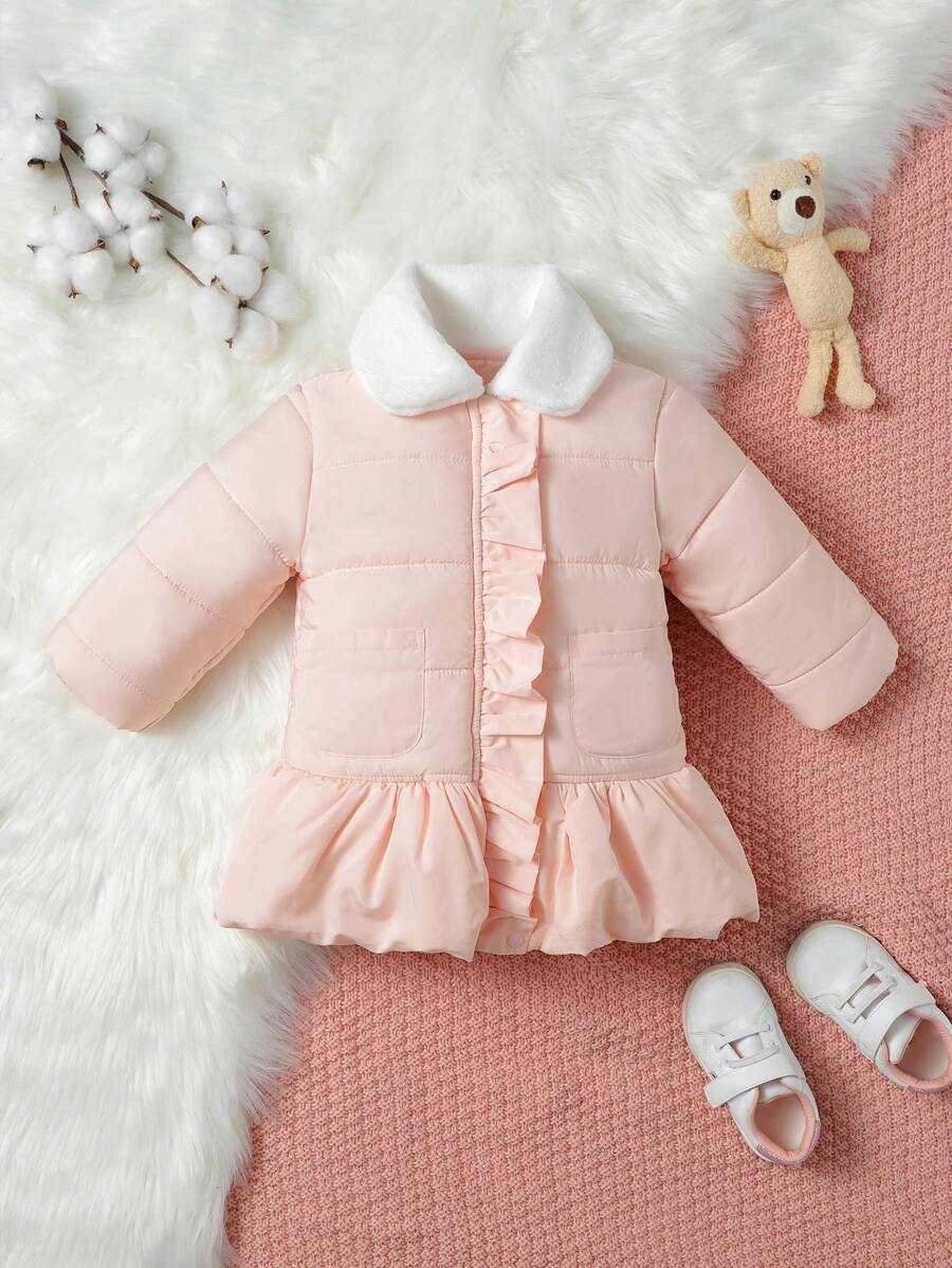 Baby Girl Borg Collar Ruffle Trim Coat - Pink - View 1