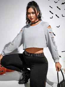 SHEIN EZwear 大碼萬聖節梯狀鏤空插肩袖短款運動衫 - 深灰色 - 查看 1