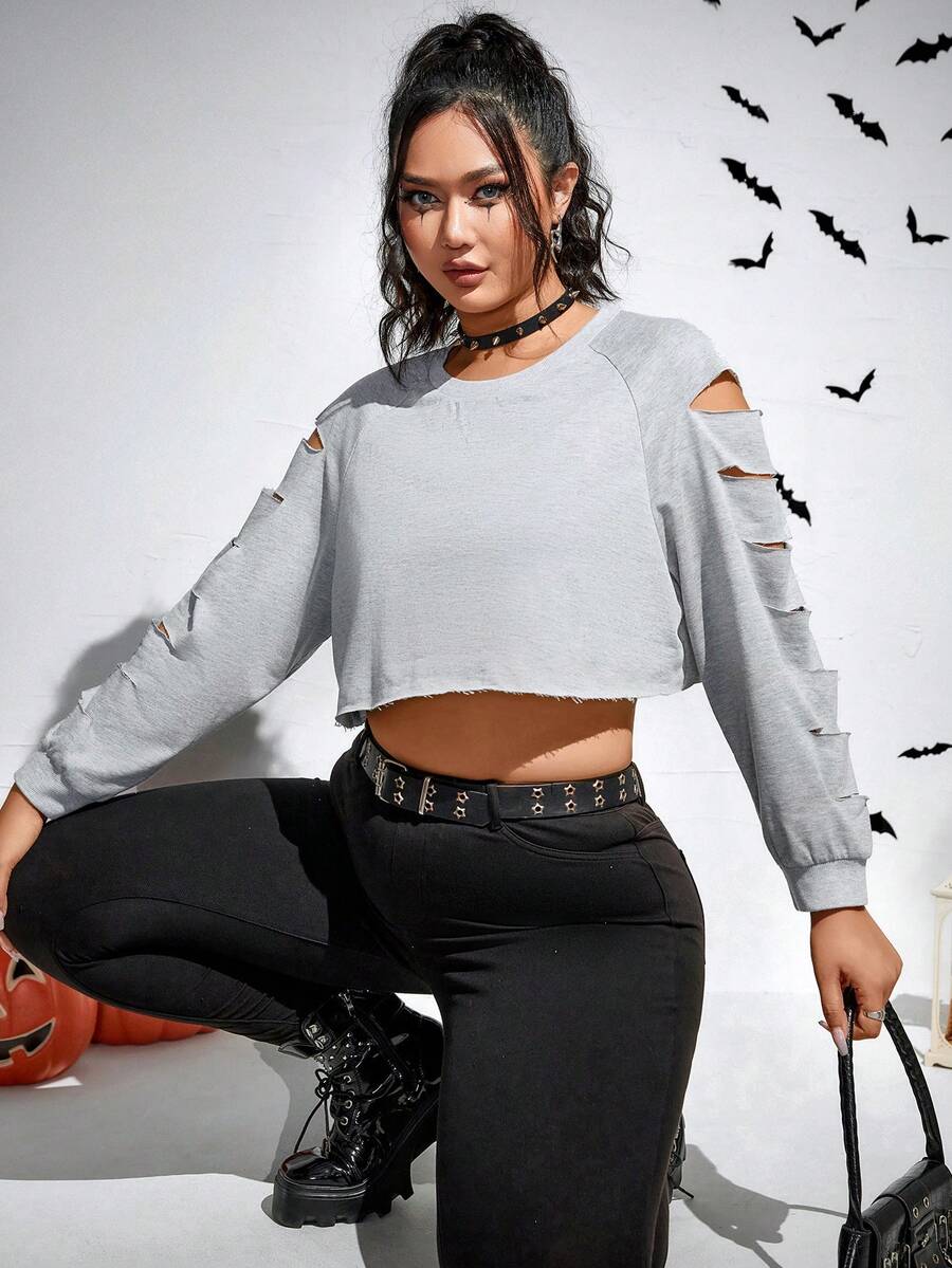 SHEIN EZwear 大碼萬聖節梯狀鏤空插肩袖短款運動衫 - 深灰色 - 查看 1