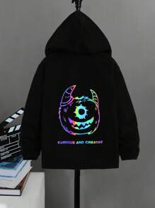 SHEIN Tween Boy Reflective Cartoon & Slogan Graphic Hooded Thermal Lined Jacket - Black - View 1