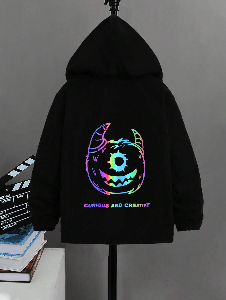 SHEIN Tween Boy Reflective Cartoon & Slogan Graphic Hooded Thermal Lined Jacket - Black - View 1
