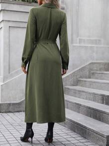 SHEIN LUNE Solid Belted Shirt Dress Maxi Women Outfit Fall Cloth For Women - Dark Green - View 2