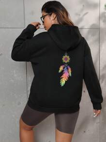 Flirla Plus Size Feather Print Drop Shoulder Sweatshirt - Black - View 1
