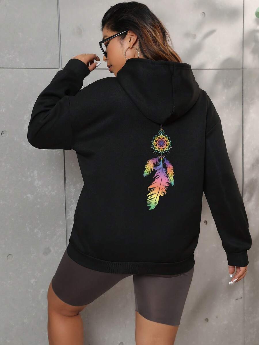 Flirla Plus Size Feather Print Drop Shoulder Sweatshirt - Black - View 1